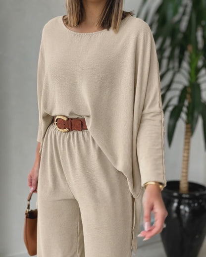 Women's 2 Piece Outfits Batwing Sleeve Asymmetrical Hem Top and Wide Leg Pants Set Casual Textured Loungewear
