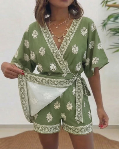 Women's Boho Vintage Print Romper V Neck Wrap Knot Side Jumpsuit Half Sleeve Beach Vacation Summer Skorts Romper