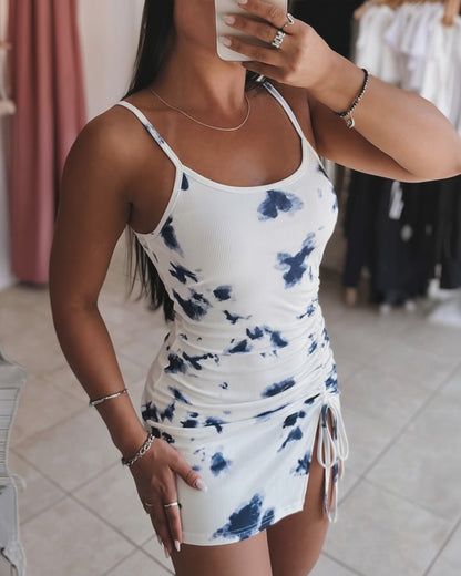 Women's Tie Dye Cami Mini Dress Adjustable Side Drawstring Ruched Bodycon Dress Sleeveless Backless Slit Knit Dress