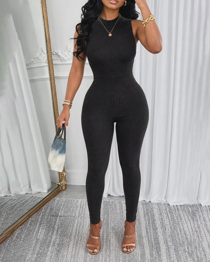 Women's Halter Neck Backless Jumpsuit Ribbed Knit Slim Fit Sleeveless Romper Sexy Party Clubwear