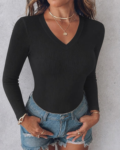 Women's V Neck Long Sleeve Ribbed Knit Top Slim Fit Base Layer Shirt Soft Stretchy Casual Tee with Built-in Bra