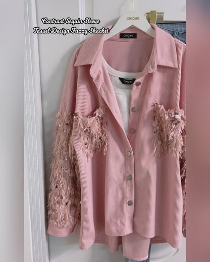 Contrast Sequin Turn-down Collar Long Sleeve Tassel Design Fuzzy Shacket with Pocket