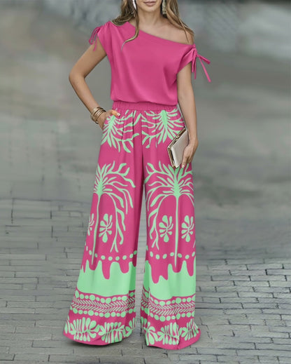 CHICME Women's 2 Piece Set Skew Neck Drawstring Top and High Waisted Wide Leg Tropical Print Pants with Pockets