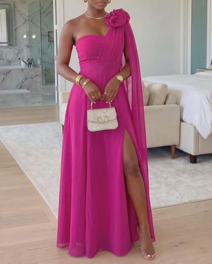 Women's One Shoulder Chiffon Maxi Dress 3D Floral High Slit Evening Gown Elegant Shirred Backless Draped Party Dress
