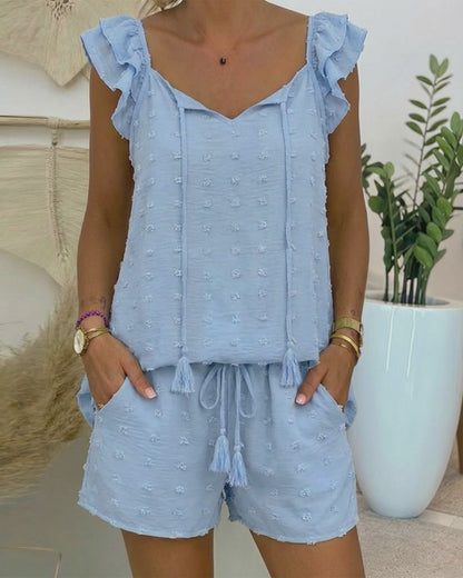 2 Pieces Outfit Tie Neck Flutter Sleeve Hollow-out Front Stretchy Back Top and Drawstring Elastic Waist Shorts Set Casual 3D Decor Textured Vacation Set
