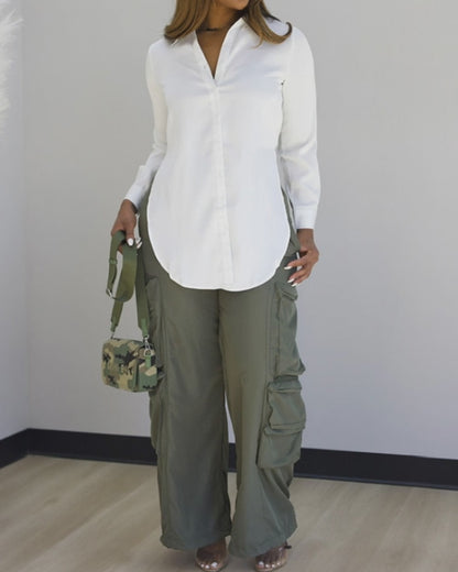 Classic Plain Long Sleeve Blouse with Turn-down Collar Casual Button Front Slit Top