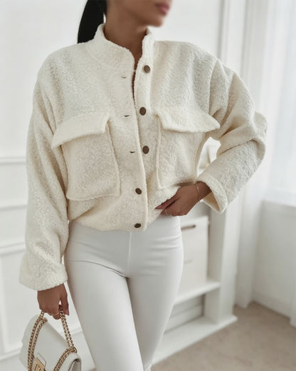 Women's Stand Collar Fleece Lined Teddy Jacket Loose Button Down Flap Pocket Sherpa Outerwear