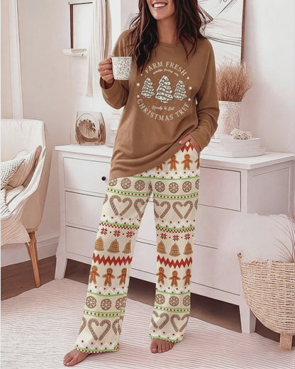 Women's Vintage Christmas Graphic Pajama Set Crew Neck Long Sleeve Top and Wide Leg Pants