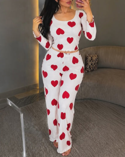 Women's Heart Print Pajama Set Backless Tied Detail Crop Top and High Waist Straight Leg Pants