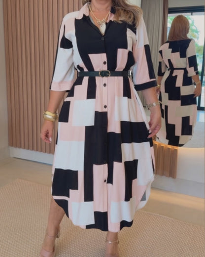 Women's Colorblock Geometric Shirt Dress Casual Three-Quarter Sleeves Asymmetrical Hem Commuting Dress with Belt