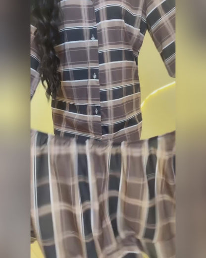 Women's Plaid Shirt Dress Long Sleeve Button Up Mini Dress with Convertible Ruffle Tie Panel