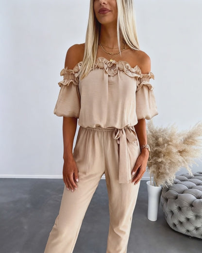 Frill Trim Off Shoulder Short Sleeve Tie Waist Overalls Casual Textured Jumpsuit