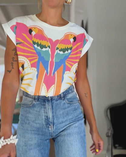 Colorblock Parrots Print O-neck Short Sleeve Tee Casual Rolled Cuffs Top