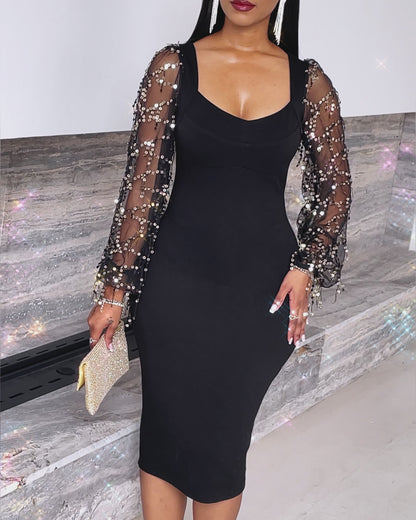 Square Neck Sequin & Tassel Decor Mesh Sleeve Bodycon Dress Zipper Back Party Dress