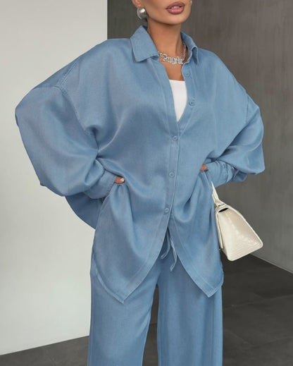 2 Pieces Outfit Turn-down Collar Long Sleeve Button Front Curved Hem Top and Drawstring Elastic Waist Pants Set