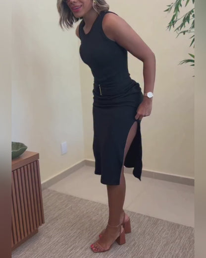 Women's Rib Knit Sleeveless Maxi Dress Ruched Gold Buckle High Waist Side Slit Bodycon Dress