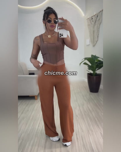 High Waist Drawstring Elastic Waist Wide Leg Casual Pants