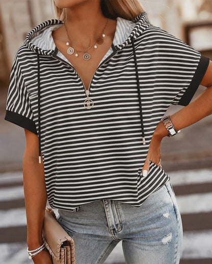 Women's Striped Half Zip Drawstring Hoodie Short Sleeve Sweatshirt Loose Contrast Trim Casual Pullover Top