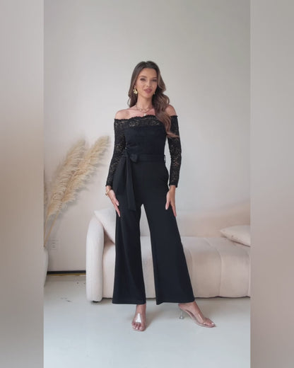 Off Shoulder Long Sleeve Eyelash Lace Spliced Slim Fit Overalls Casual Zipper Back Jumpsuit with Belt