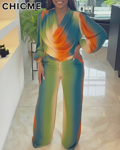 2 Pieces Outfit Cowl Neck Puff Sleeve Loose Fit Top and Zipper Fly Elastic Back Waist Wide Leg Pants Set Casual Tie Dye Print Set