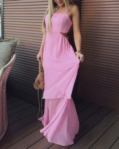 Square Neck Adjustable Spaghetti Straps Cutout Waist Ruffle Hem Dress Casual Backless Tie Back Stretchy Back Chiffon Cami Dress