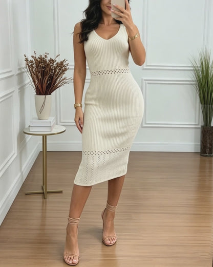V-Neck Sleeveless Hollow-out Pattern Spliced Bodycon Dress Backless Side Slit Knit Dress