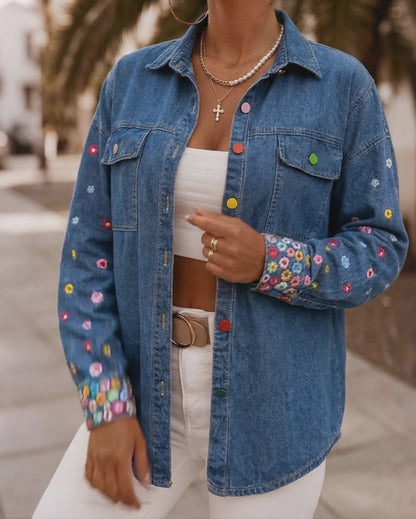 Veste en Jean brodée florale pour femmes, manteau en Jean boutonné coloré, veste délavée décontractée