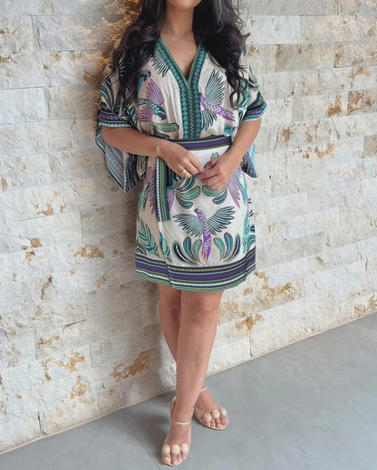 2 Pieces Outfit V-Neck Batwing Sleeve Bodysuit and Zipper Back Tie Waist Wrap Front Skirt Set Casual Animal & Plants Print Vacation Set