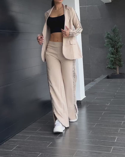 2PCS Leopard Tape Patch Notched Collar Blazer & Contrast Binding Slit Pants Set