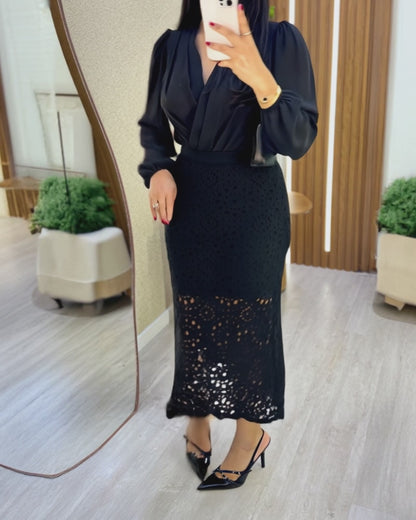 Crochet Pattern Elastic Waist Hollow-out Mid-Calf Skirt Casual Commuting Skirt