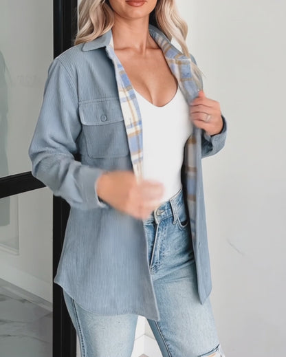Women's Two-Way Reversible Corduroy Plaid Shacket Button Down Long Sleeve Shirt Jacket
