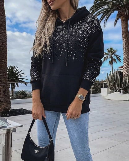 Women's Rhinestone Drawstring Hooded Sweatshirt Casual Sparkly Loose Fit Pullover