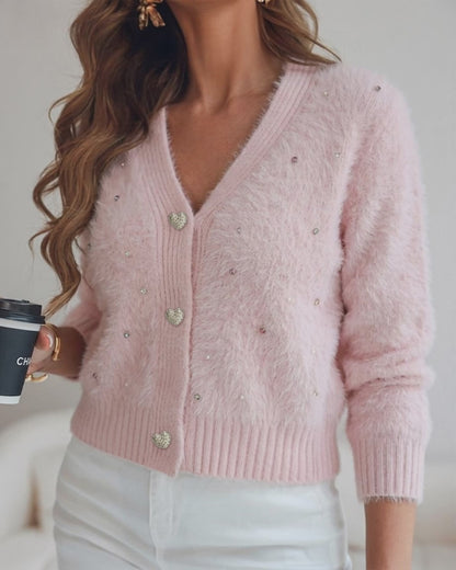 Women's Faux Mink Fur Knit Cardigan Elegant Pearl Rhinestone V Neck Sweater Crop Single Breasted Coat