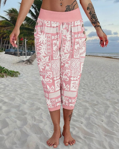 Plants Print Low Waist Wooden Button Decor Capris Pants Vacation Pants with Pockets
