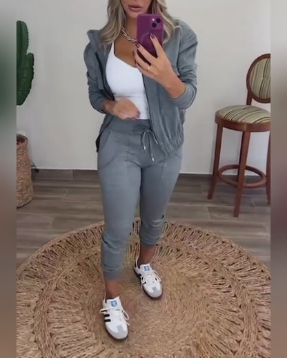 2 Pieces Outfit Long Sleeve Zip Up Flap Pockets Design Stretchy Hem Hoodie Coat and Drawstring Elastic Waist Slim Fit Pants Set