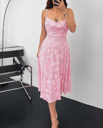 Women's Floral Jacquard Midi Dress Elegant Cowl Neck Adjustable Strap Ruched High Waisted A Line Vacation Cami Dress