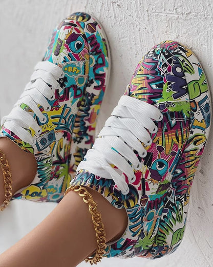 Cartoon Print Lace-up Casual Sneakers