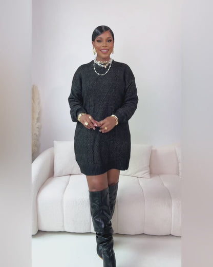 Round Neck Long Sleeve Drop Shoulder Pullover Sweater Casual Loose Fit Cable Knit Mid Length Sweater