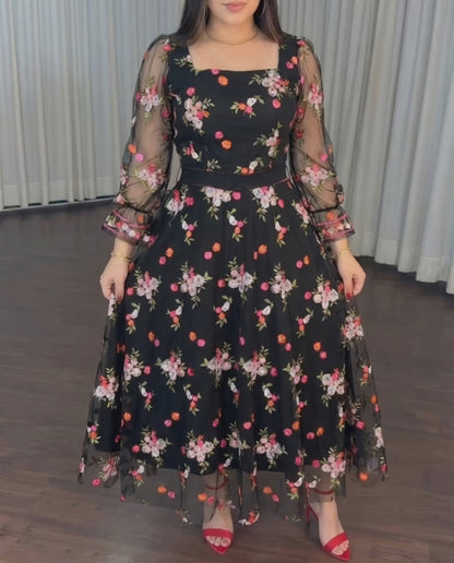 Vintage Square Neck Flared Cuffs Embroidered Floral Pattern Sheer Mesh Overlay Maxi Dress Elegant Shirred Back Cinched Waist Backless Evening Dress with Belt