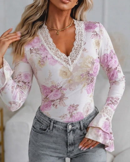 Women's French Floral Print Slim Fit Top Lace V Neck Double Layer Flared Cuffs Soft Stretch Knit Blouse