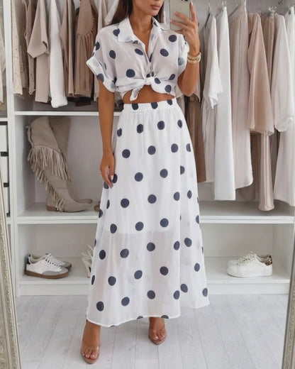 2 Pieces Outfit Turn-down Collar Short Sleeve Rolled Cuffs Button Front Shirt and Elastic Waist Skirt Set Casual Polka Dot Print Set with Lining