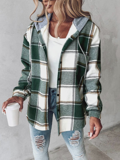 Plaid Pattern Long Sleeve Shacket Button Down Fleece Lined Hooded Jackets Warm Coat