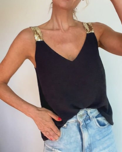 V-Neck Sequin Decor Thick Straps Tank Casual Backless Textured Tank Top