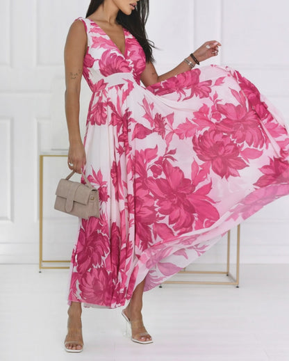 Women's Floral Print Maxi Dress Overlap V Neck Backless Chiffon Sundress Sleeveless High Waist Flowy A-Line Vacation Dress