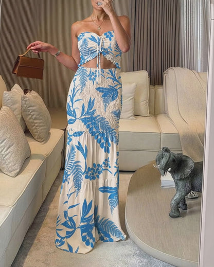 Women's Tropical Plants Print Bandeau Dress Shirred Cut Out Mermaid Maxi Dress Ruffle Hem Strapless Vacation Dress