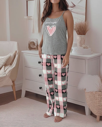 2 Pieces Outfit Heart & Good Night Slogan Print U-Neck Adjustable Spaghetti Straps Cami Top and Plaid & Heart Print Elastic Waist Wide Leg Pants Set Casual Pajamas Set