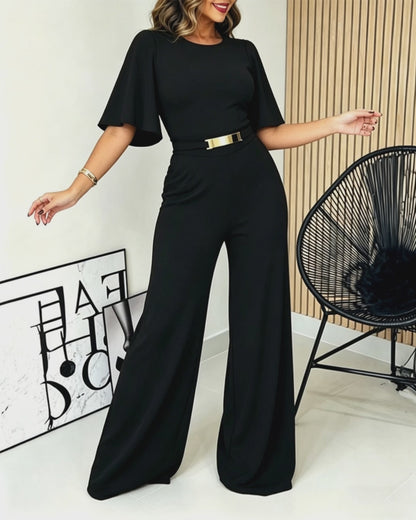 Women's Elegant Wide-Leg Jumpsuit Butterfly Sleeve Romper Gold Detail High Waist Overalls with Pockets