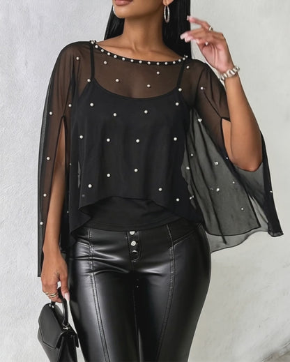 Women's 2 Piece Set Split Sleeve Pearl Sheer Chiffon Cape Top with Cami Top
