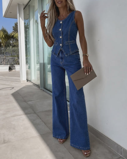 Women's Denim Set Sleeveless Button Down Crop Top and High Waist Straight Leg Jeans Casual Matching Set