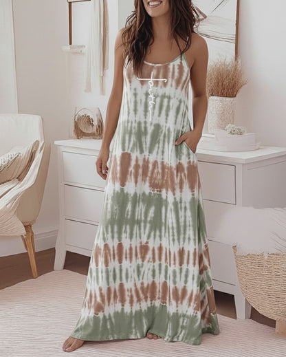 Faith Letter & Tie Dye Print U-Neck Adjustable Spaghetti Straps Maxi Dress Casual Backless Loose Fit Cami Dress